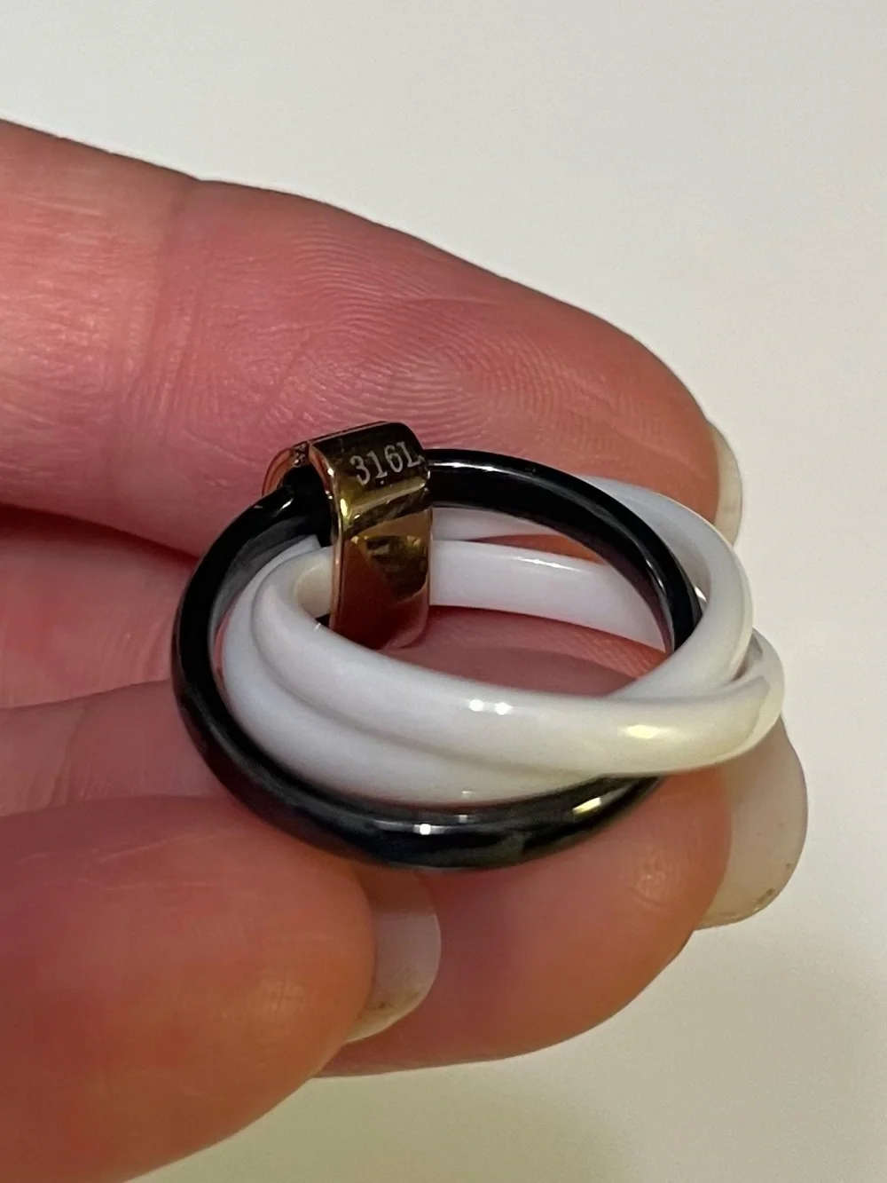 Black and White Ceramic Stack Ring with Rose Gold Accent